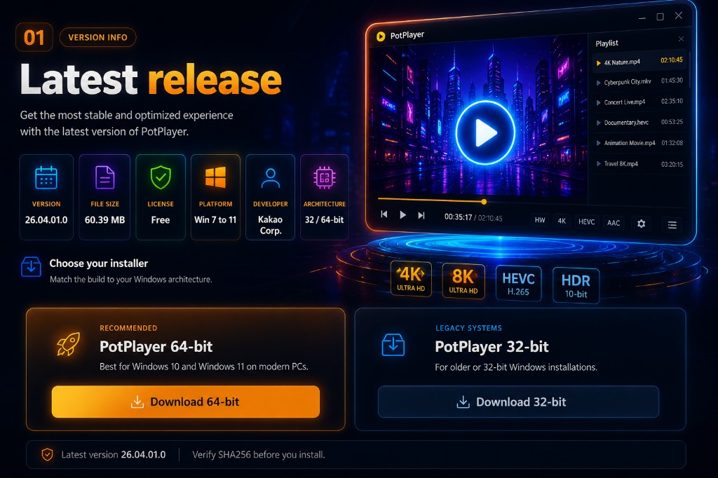 שחרר את הלוח המפרט את העדכונים האחרונים PotPlayer לבנות עם 64 -ביט ו 32 אפשרויות של מתקין סיביות
