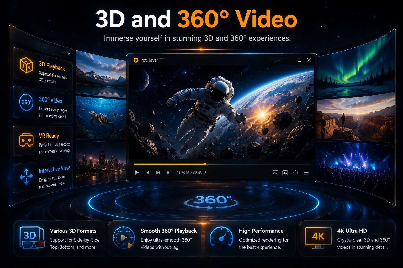 תצוגה מקדימה של PotPlayer מצב וידאו מרחבי עבור 3D ו 360 -השמעה סוחפת בדרגה