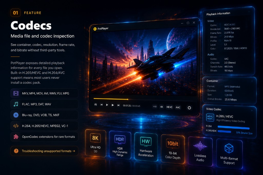 תצוגת בדיקת Codec עם לוחות מידע על השמעה ומחווני פורמט נתמכים