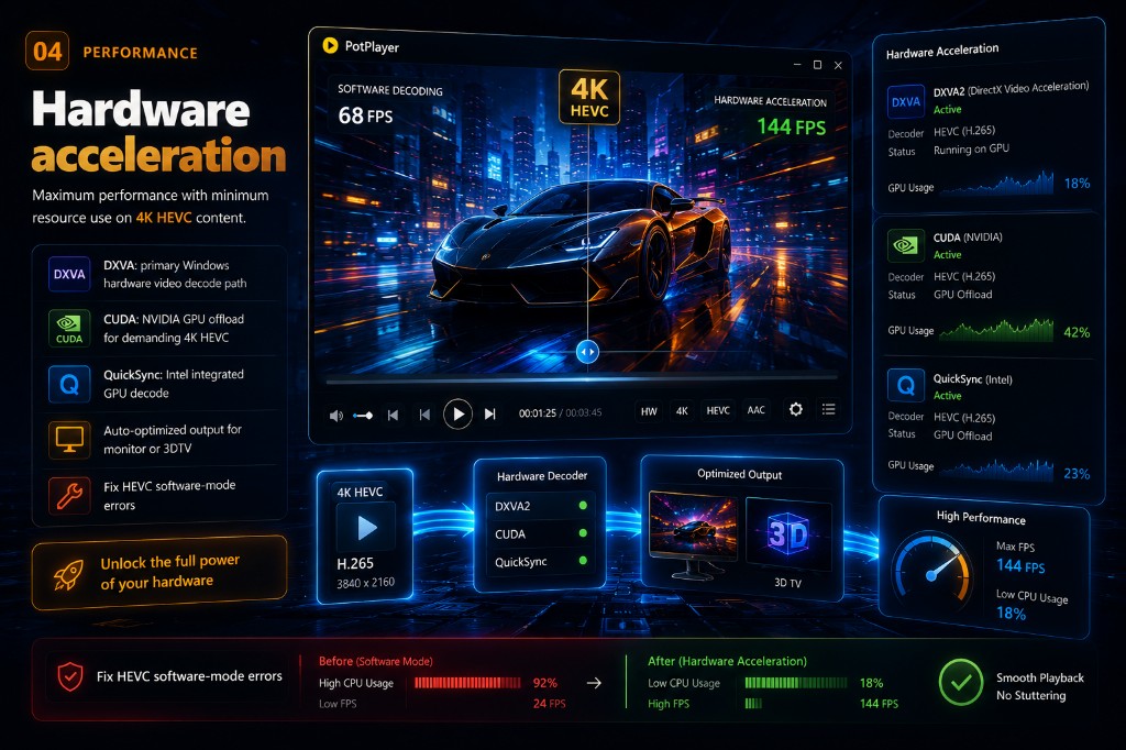 טבלת השוואה של האצת חומרה עבור DXVA, CUDA, ו QuickSync פענוח שבילים