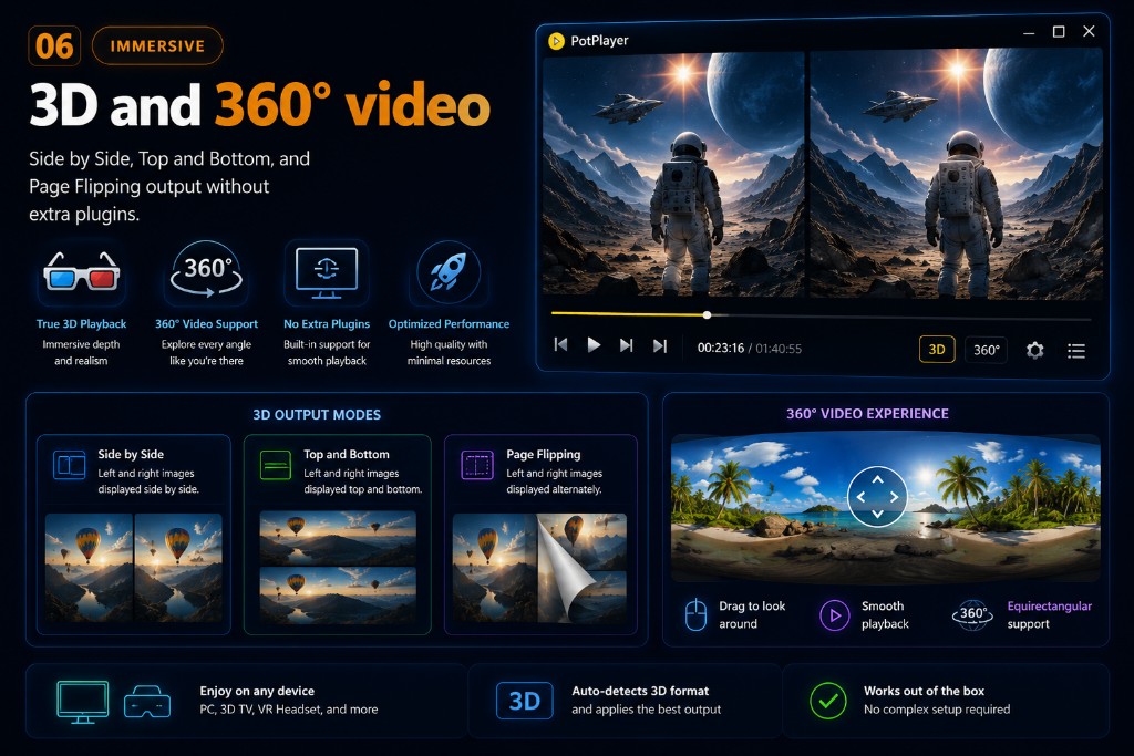 מצבי השמעה סוחפים עבור 3D ו 360 -תוכן וידאו בפנים PotPlayer